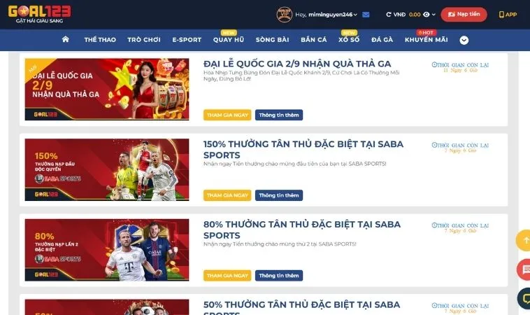 Khuyến Mãi Tại Goal123: Nhận Thưởng Khủng Hàng Ngày, Chinh Phục Giải Đấu Lớn 1 Vô vàn các chương trình Khuyến mãi tại Goal123 hấp dẫn tặng hội viên