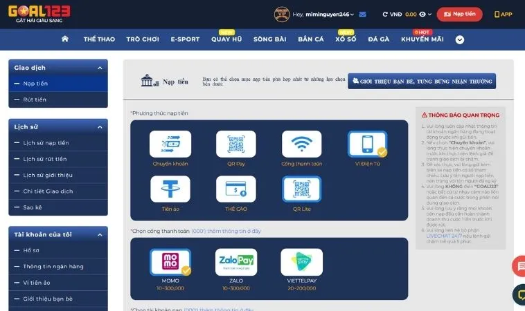 Nạp Tiền Goal123 Siêu Tốc Đơn Giản An Toàn Với Đa Dạng Phương Thức 2 Giao diện nạp tiền Goal123