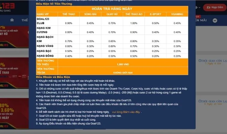 Hoàn Trả Không Giới Hạn Goal123 Cơ Hội Nhận Thưởng Khủng Mỗi Ngày 2 Chương trình hoàn Trả Không Giới Hạn Goal123
